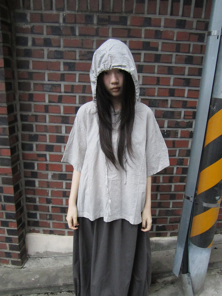 ang project Vintage Plaid Short Sleeve Hooded Shirt