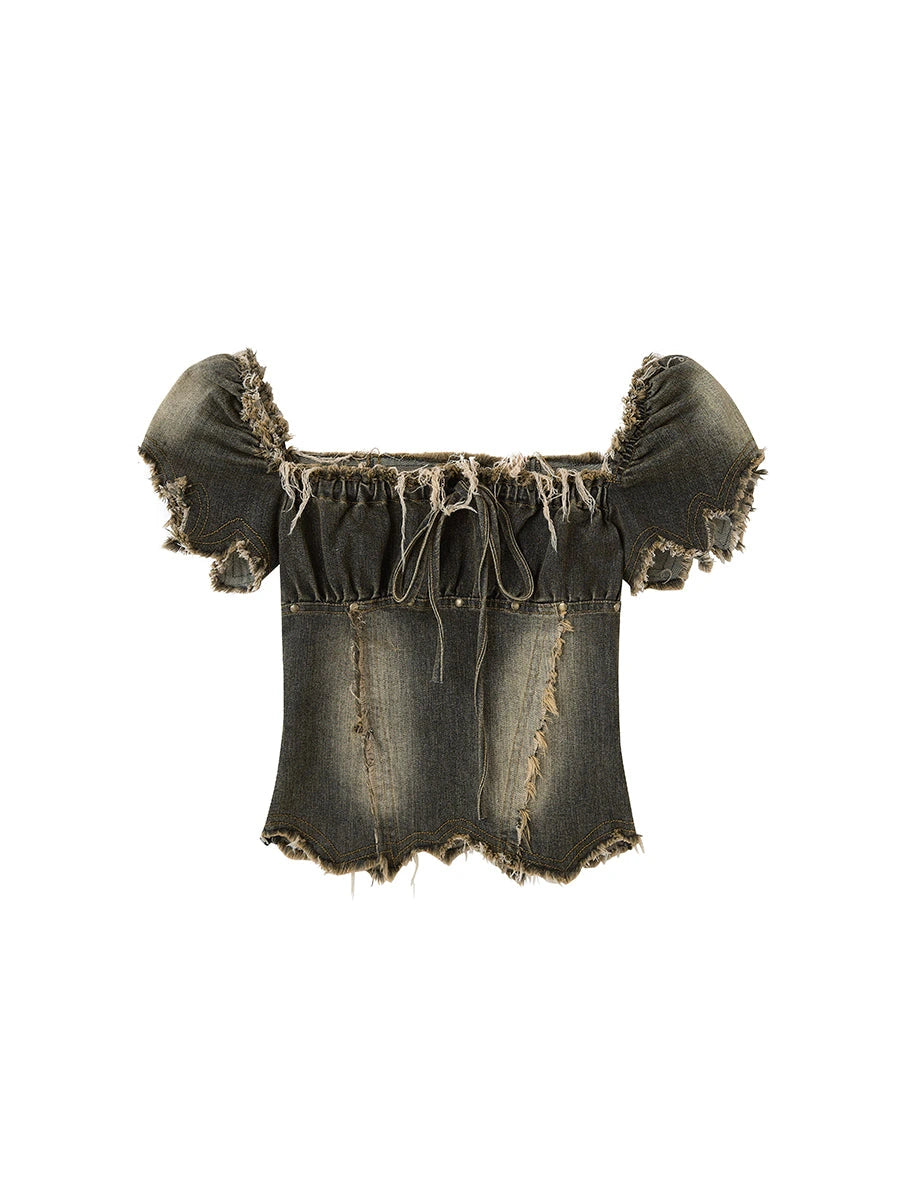 Vintage Washed Punk Corset Denim Top