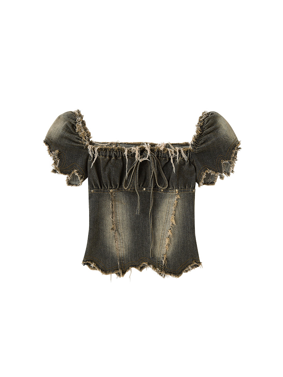 Cest Nous Vintage Washed Punk Corset Denim Top