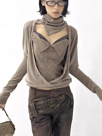 Faux Leather Knit Long Sleeve Top Stretch Slim Fit Multi-Way Wear