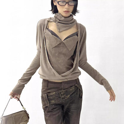 Flowers birds Market Faux Leather Knit Long Sleeve Top Stretch Slim Fit Multi-Way Wear