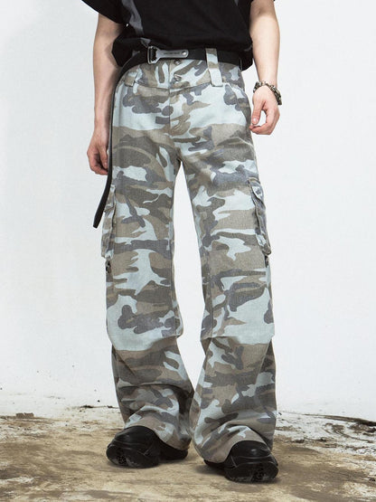 Peoplesense Grey Camo Washed Cargo Pants Loose Fit Vintage Parachute Trousers