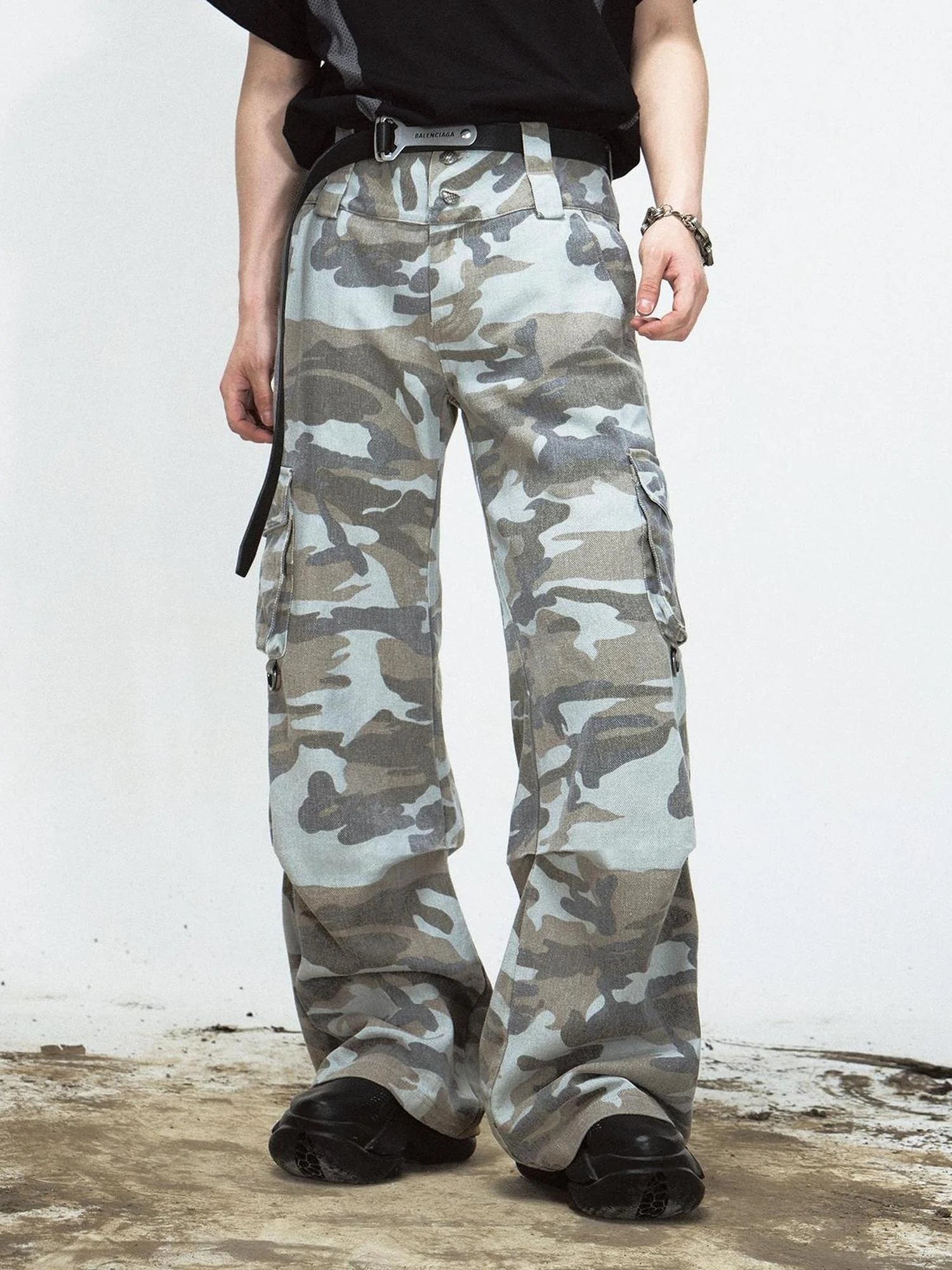 Grey Camo Washed Cargo Pants Loose Fit Vintage Parachute Trousers
