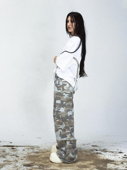 Peoplesense Grey Camo Washed Cargo Pants Loose Fit Vintage Parachute Trousers