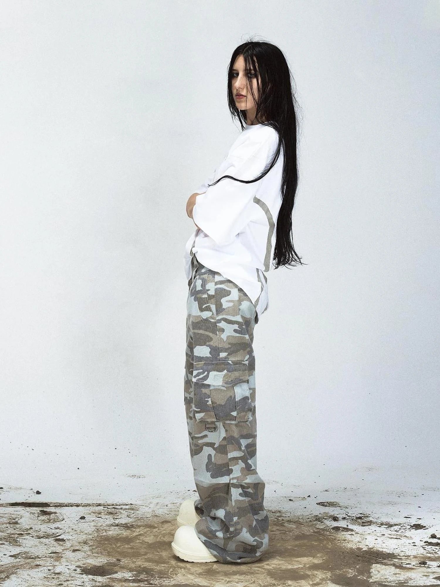 Grey Camo Washed Cargo Pants Loose Fit Vintage Parachute Trousers