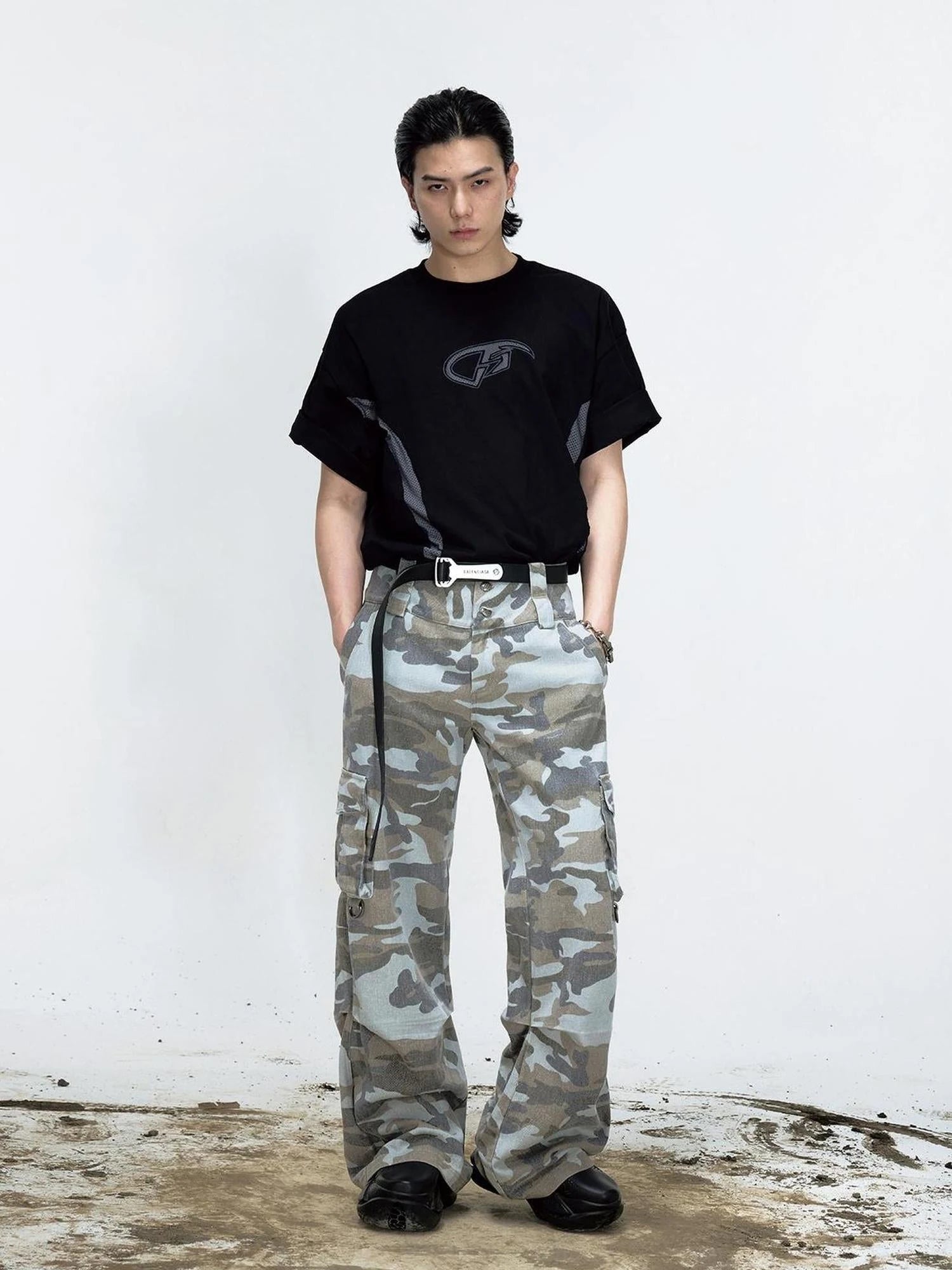Grey Camo Washed Cargo Pants Loose Fit Vintage Parachute Trousers
