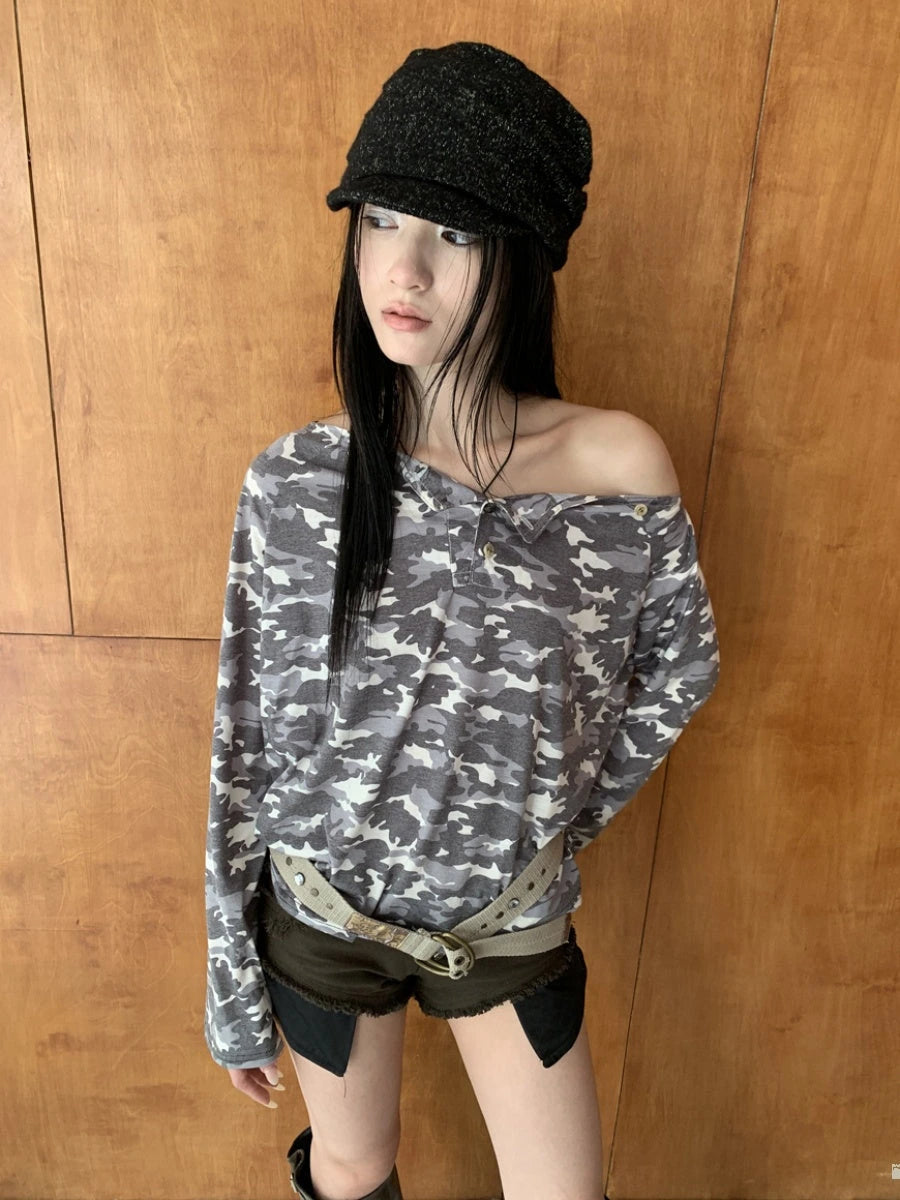 Distressed Camo Asymmetric Slit V Neck Long Sleeve T Shirt