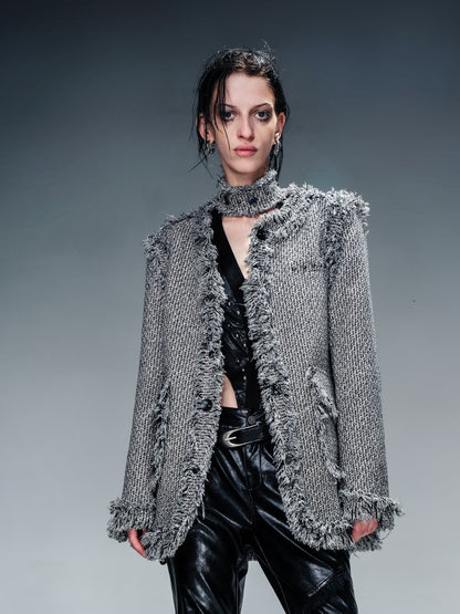 NN NORTH NODE Tweed Blazer And Skirt Set With Frayed Detailing