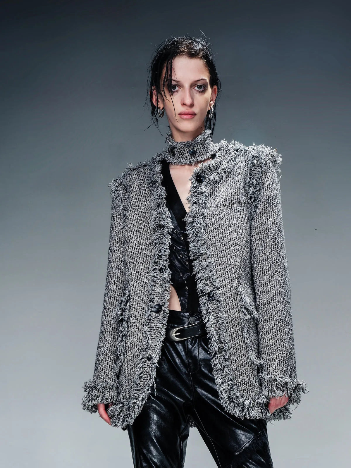 Tweed Blazer And Skirt Set With Frayed Detailing