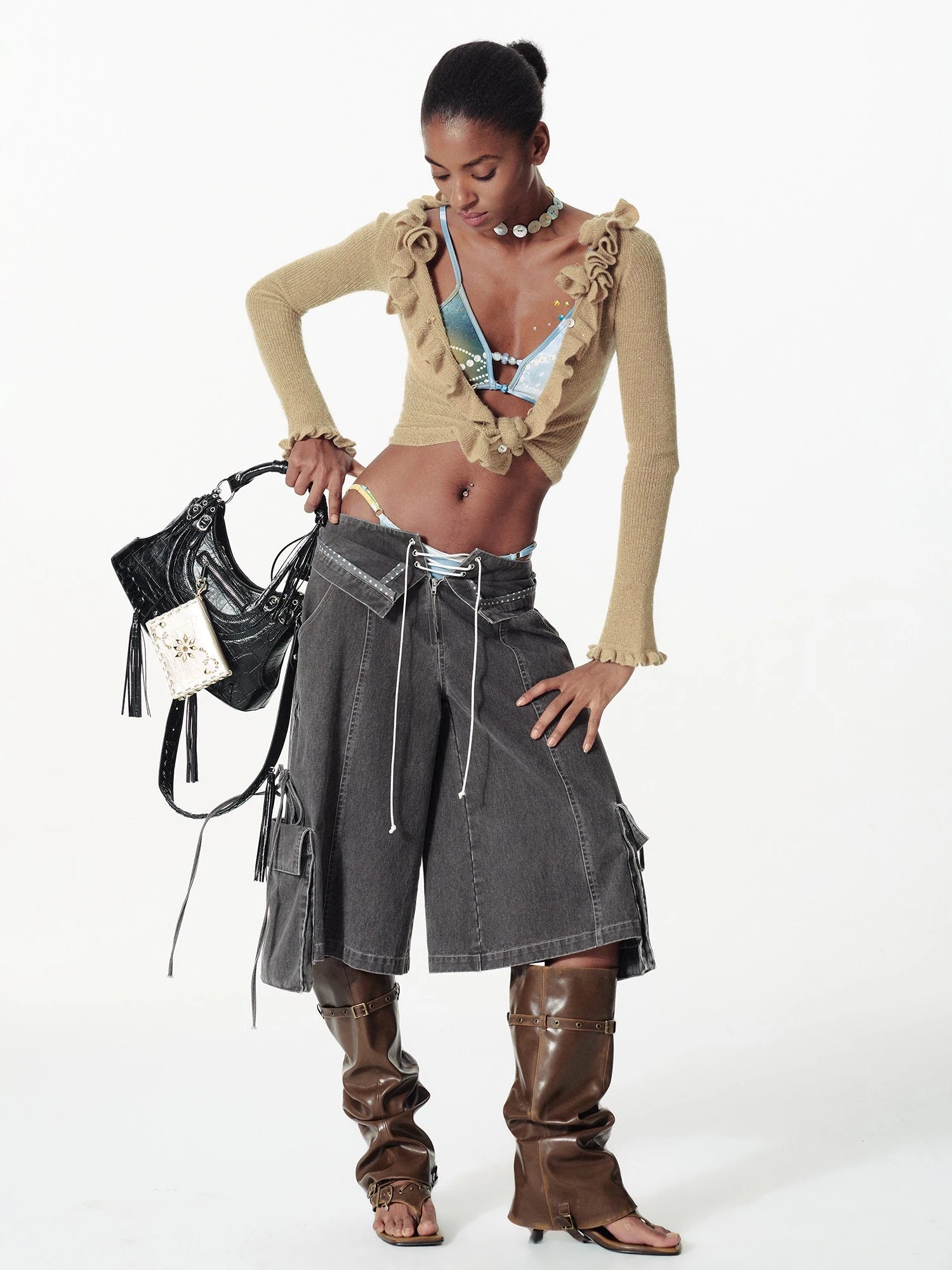 Vintage Washed Deconstructed Camo Cargo Shorts With Bow Detail