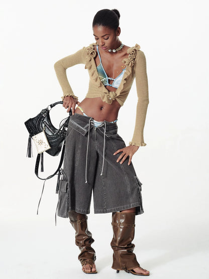 Vintage Washed Deconstructed Camo Cargo Shorts With Bow Detail