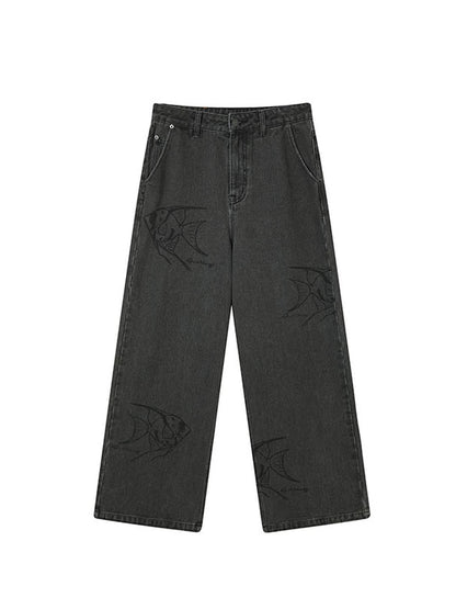 Vintage Grey Denim Trousers With Celestial Fish Print