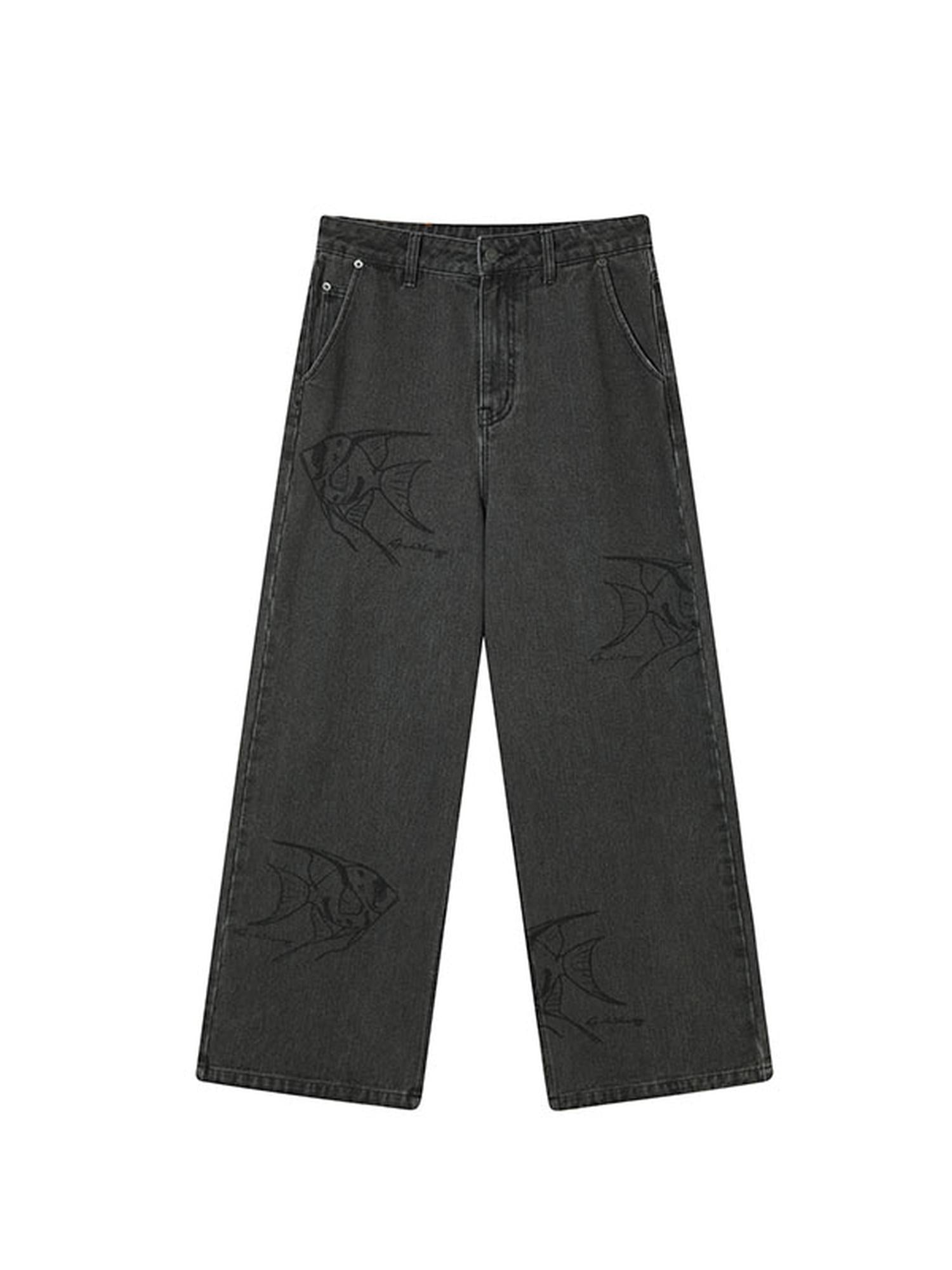 Achihara Vintage Grey Denim Trousers With Celestial Fish Print