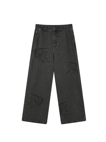 Achihara Vintage Grey Denim Trousers With Celestial Fish Print