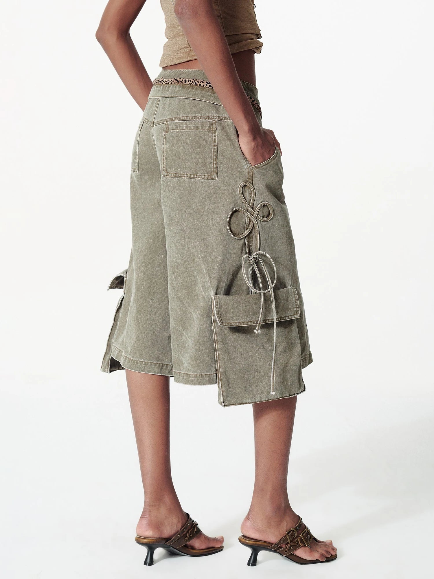 Vintage Washed Deconstructed Camo Cargo Shorts With Bow Detail