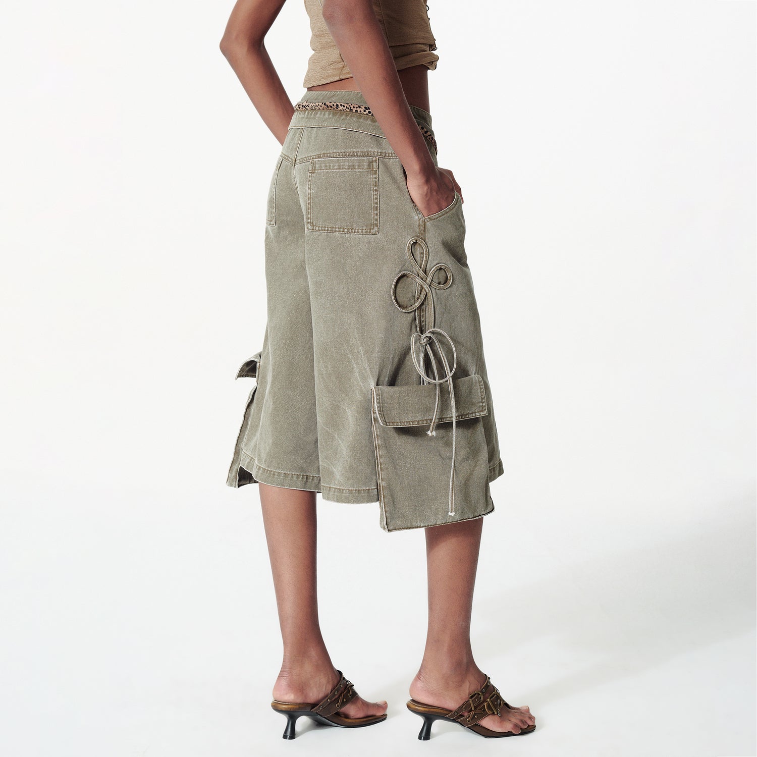 2th Desire Vintage Washed Deconstructed Camo Cargo Shorts With Bow Detail