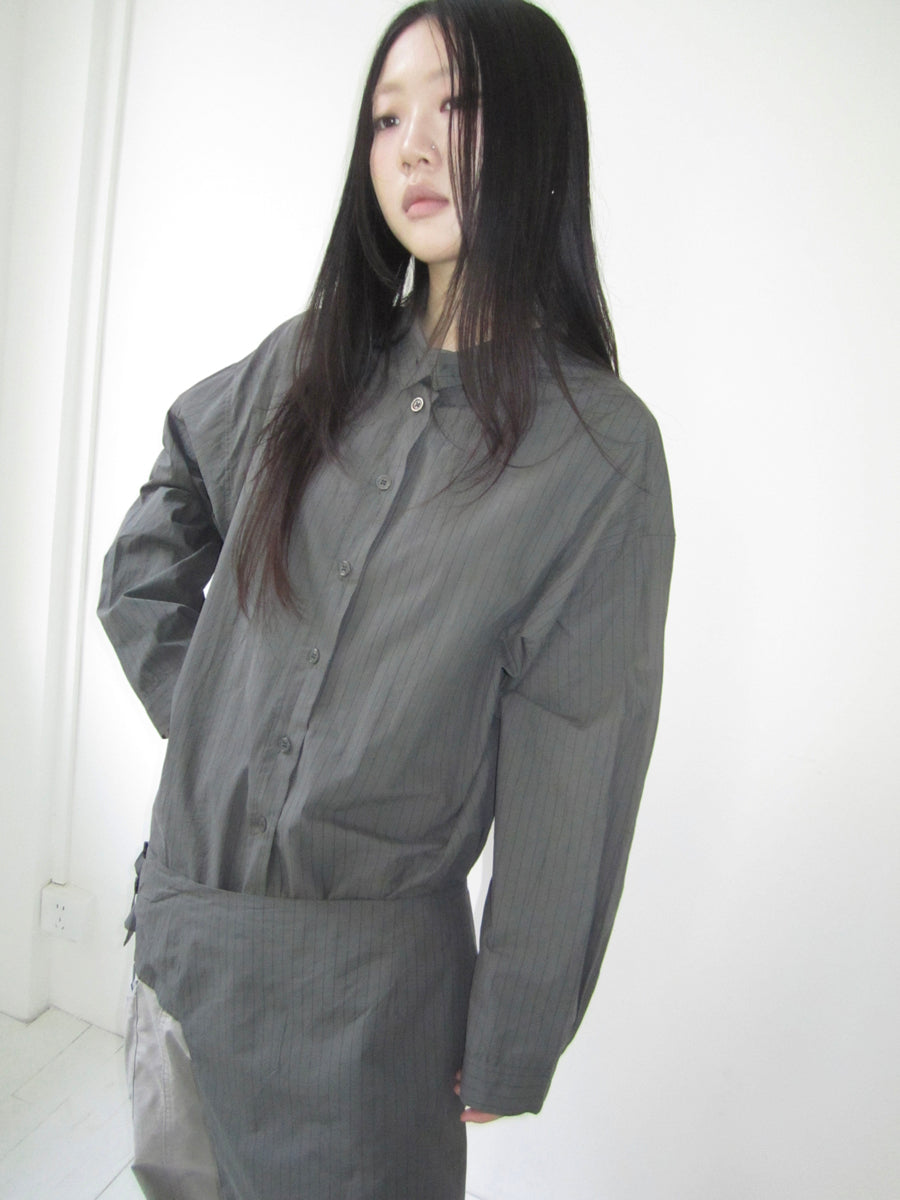 Retro Color Block Striped Shirt With Waist Cincher Two Piece Set