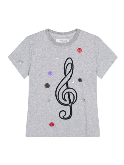 Music Button Embroidered Tee V Neck T Shirt Long Sleeve