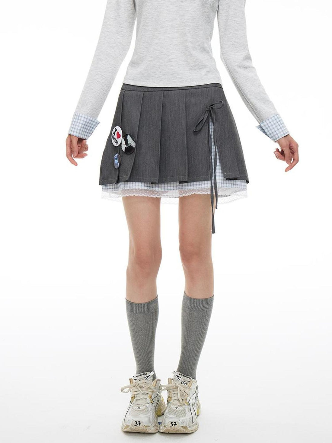 MOMSYCAN FOX LINE Grey Lace Academic Bow Dress With Safety Shorts