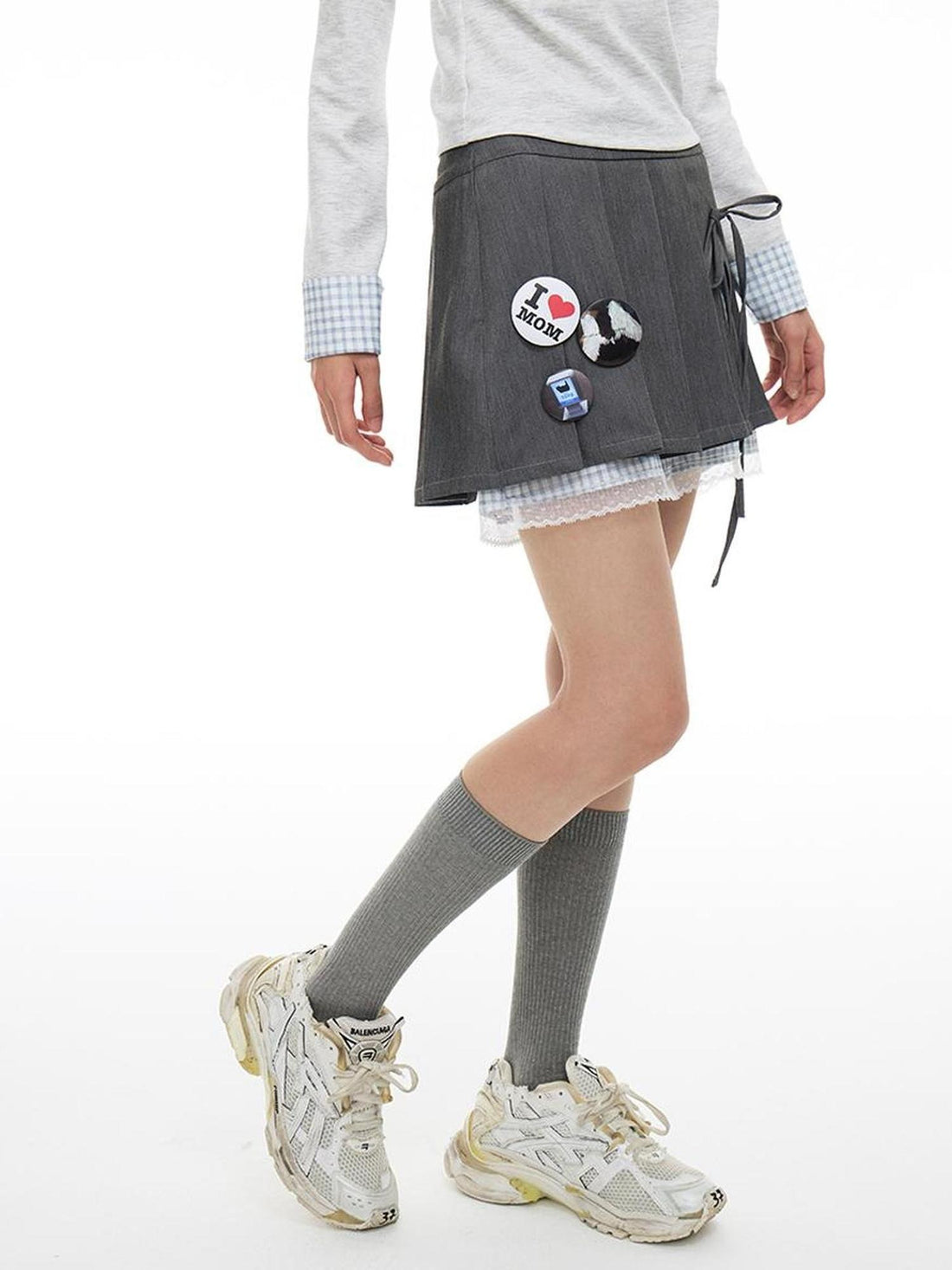 MOMSYCAN FOX LINE Grey Lace Academic Bow Dress With Safety Shorts