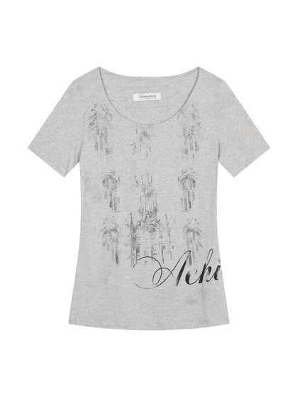 Romanesque Print Tee V-neck T-shirt Long-Sleeve