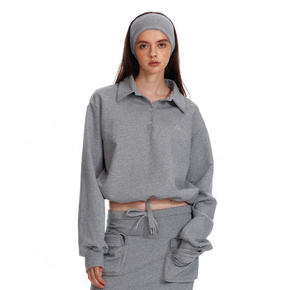 ALINNV STUDIO Polo Collar Drawstring Hem Embroidered Loose Fit Crop Sweatshirt