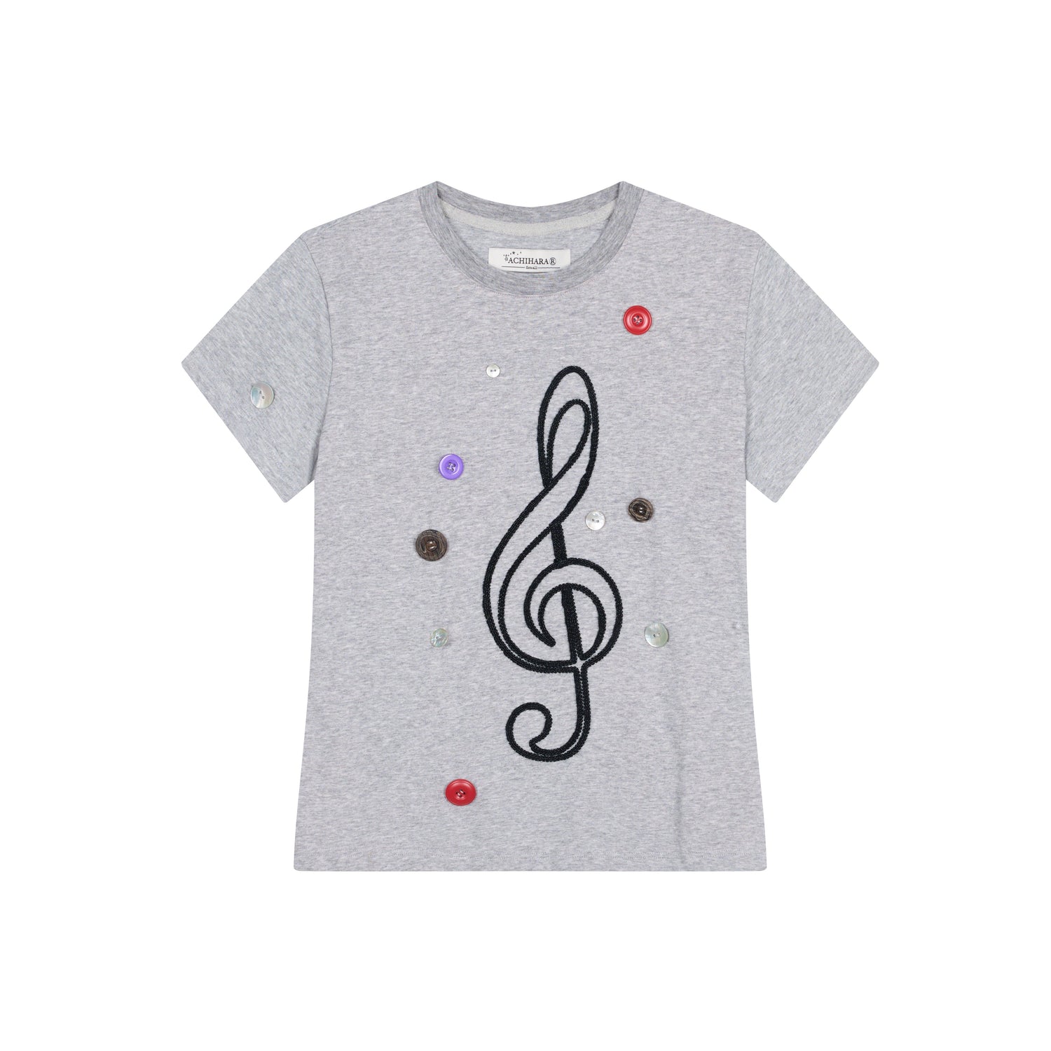 Achihara Music Button Embroidered Tee V Neck T Shirt Long Sleeve