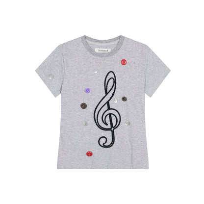 Achihara Music Button Embroidered Tee V Neck T Shirt Long Sleeve