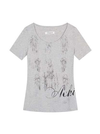 Achihara Romanesque Print Tee V-neck T-shirt Long-Sleeve