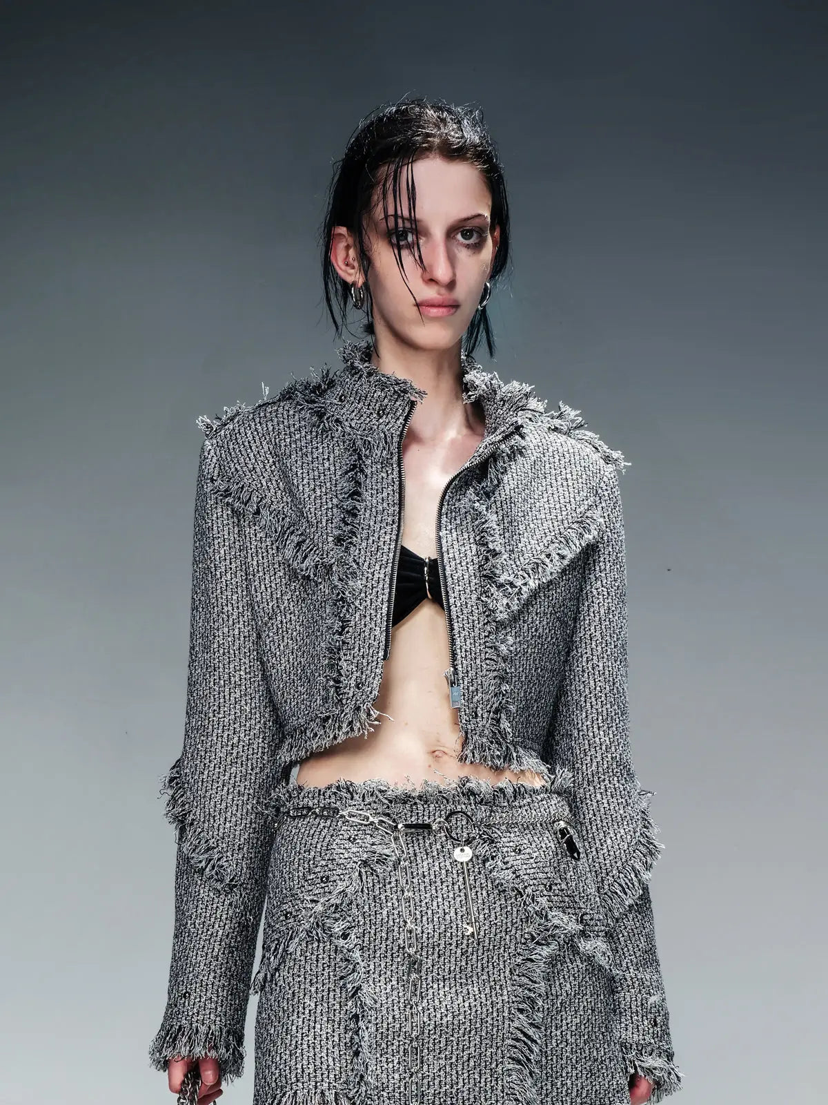 Fringed Tweed Set Edgy Jacket Asymmetric Skirt