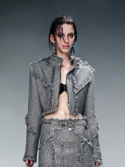 Fringed Tweed Set Edgy Jacket Asymmetric Skirt