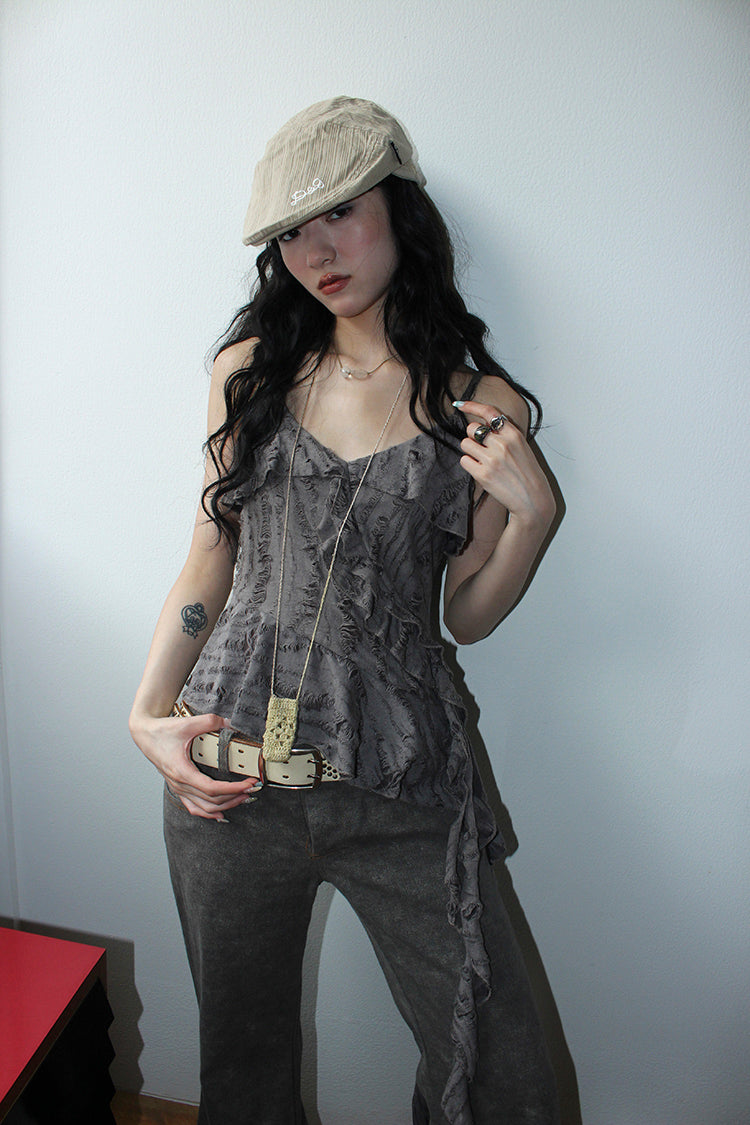 Updateang project Distressed Asymmetrical Hem V-Neck Tank Top with Ruffle Straps