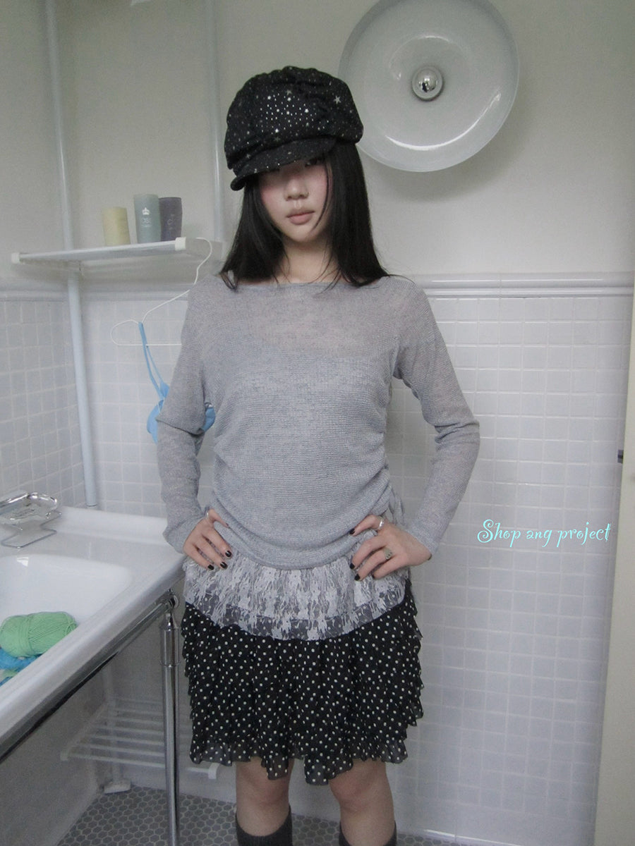 Updateang project Lace Trim Sleeveless Vest Single Shoulder Knit Long Sleeve Two Piece Set