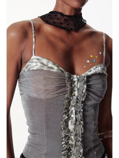 Slim Glitter Leopard Lace Trim Knit Camisole