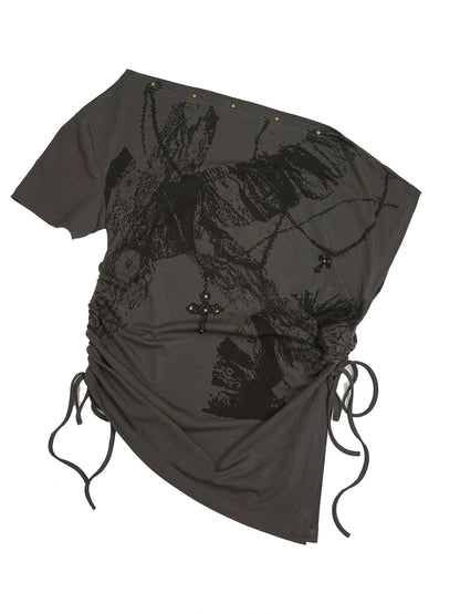 Distressed Print Off Shoulder Oversized Tee