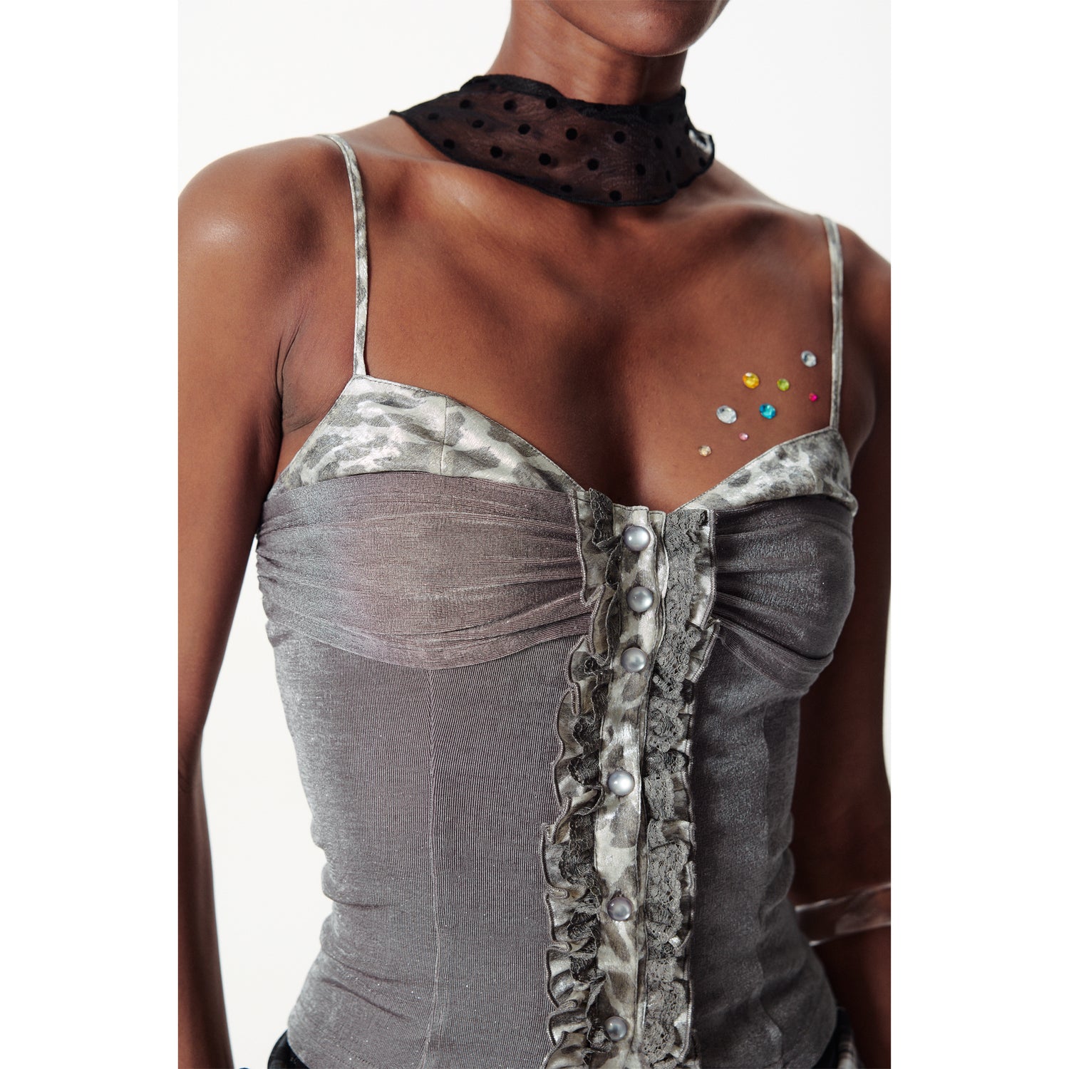 2th Desire Slim Glitter Leopard Lace Trim Knit Camisole