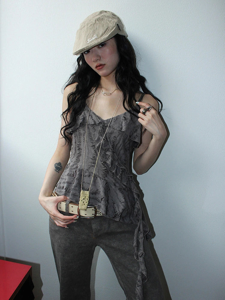 Distressed Asymmetrical Hem V-Neck Tank Top with Ruffle Straps
