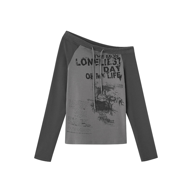 Cest Nous Run From Bad Love Asymmetrical Shoulder Graphic Knit Top