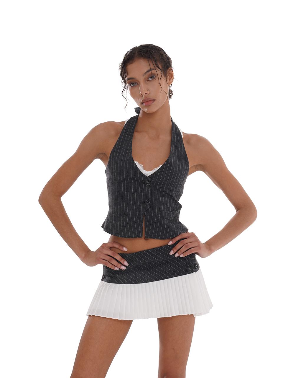 SweetChilling Grey Striped Sleeveless Top With White Pleated Skirt Set