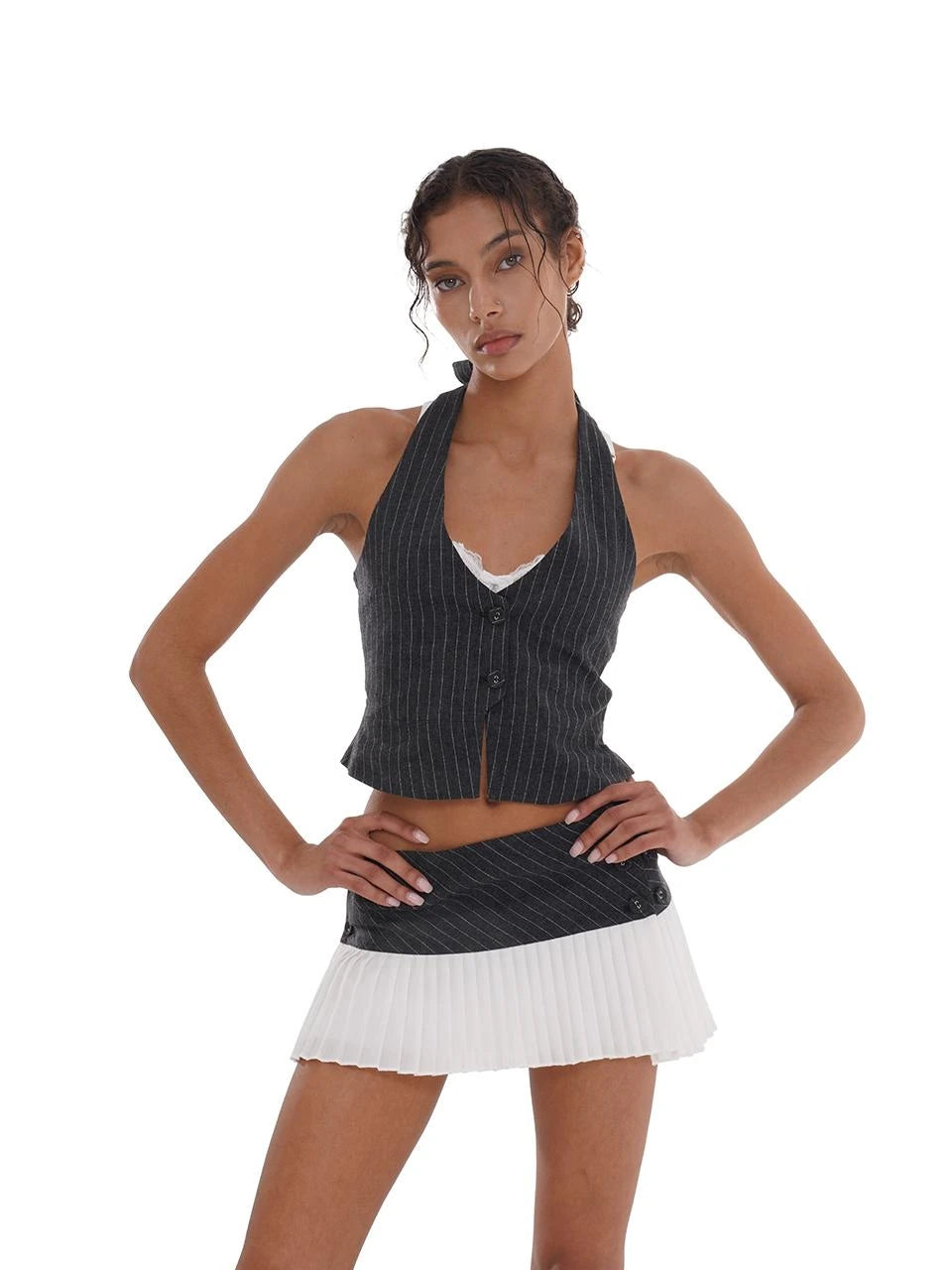 Grey Striped Sleeveless Top With White Pleated Skirt Set