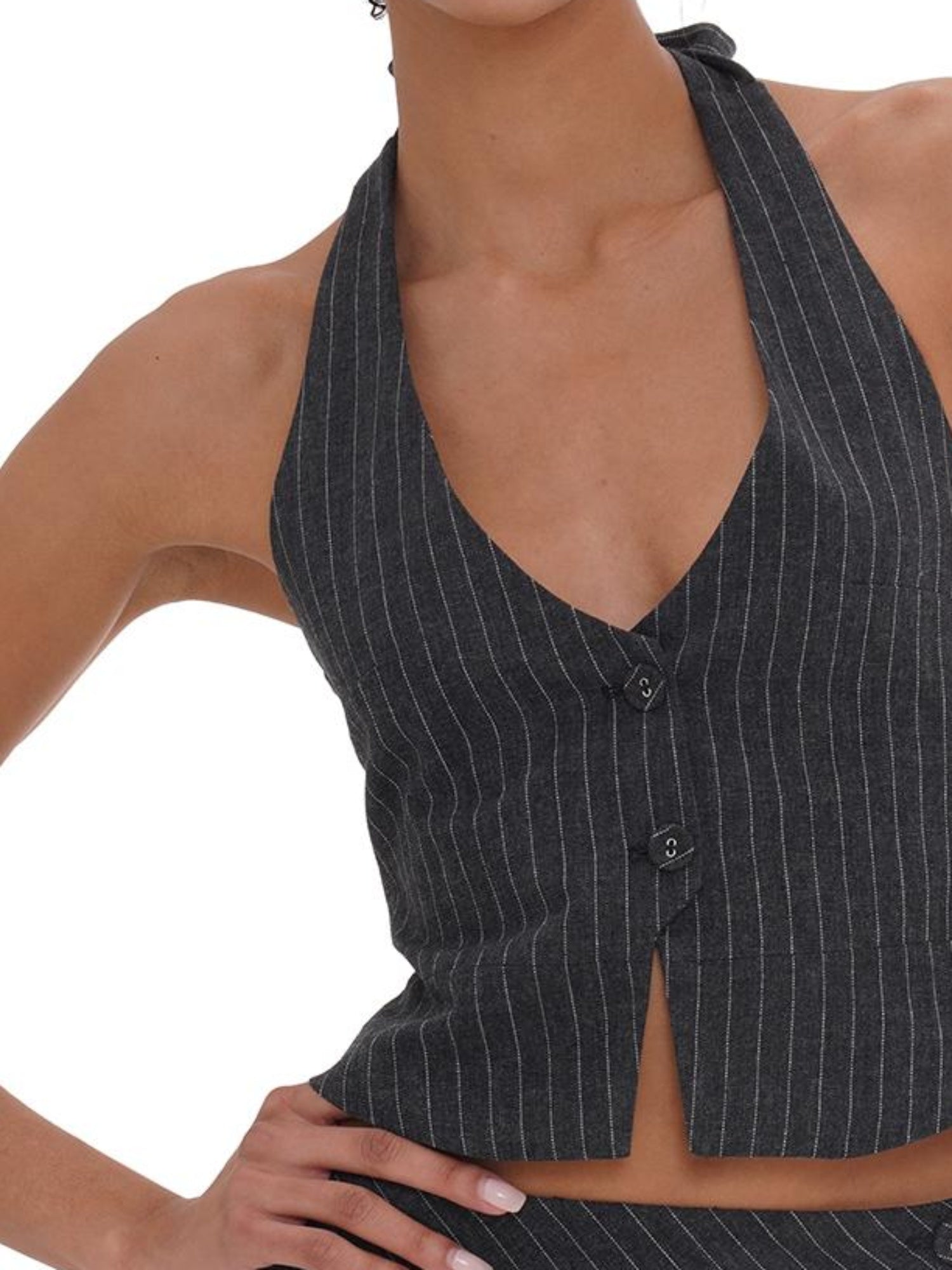 SweetChilling Grey Striped Sleeveless Top With White Pleated Skirt Set