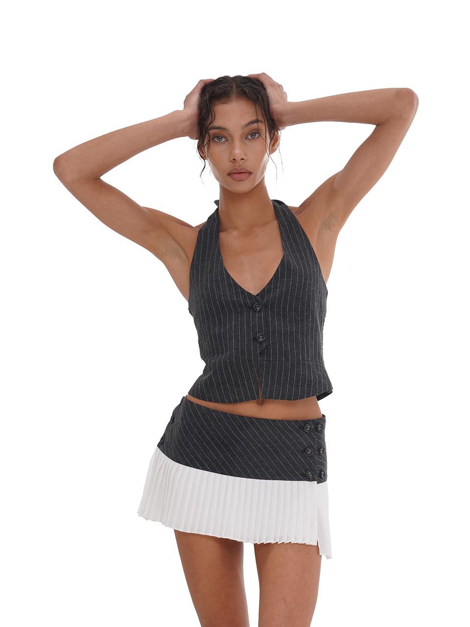 SweetChilling Grey Striped Sleeveless Top With White Pleated Skirt Set