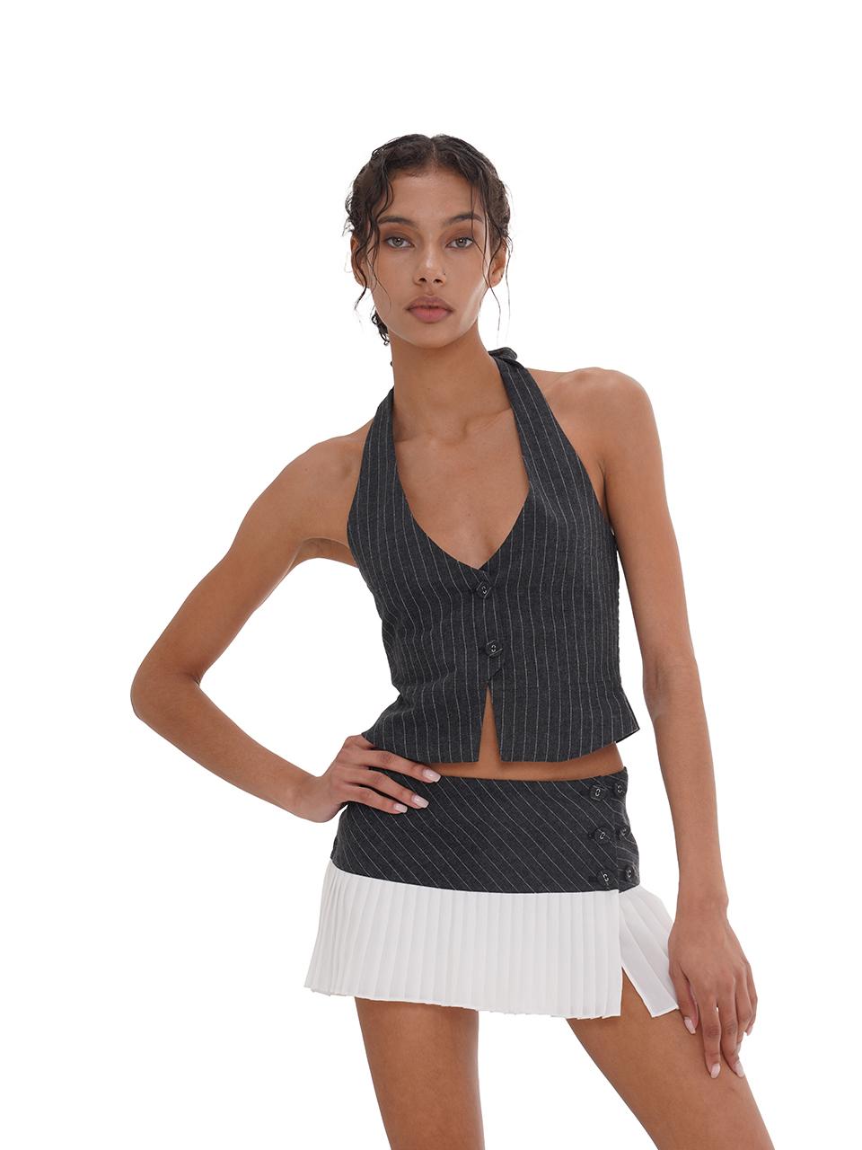 SweetChilling Grey Striped Sleeveless Top With White Pleated Skirt Set