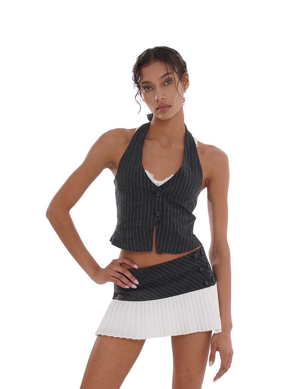 SweetChilling Grey Striped Sleeveless Top With White Pleated Skirt Set