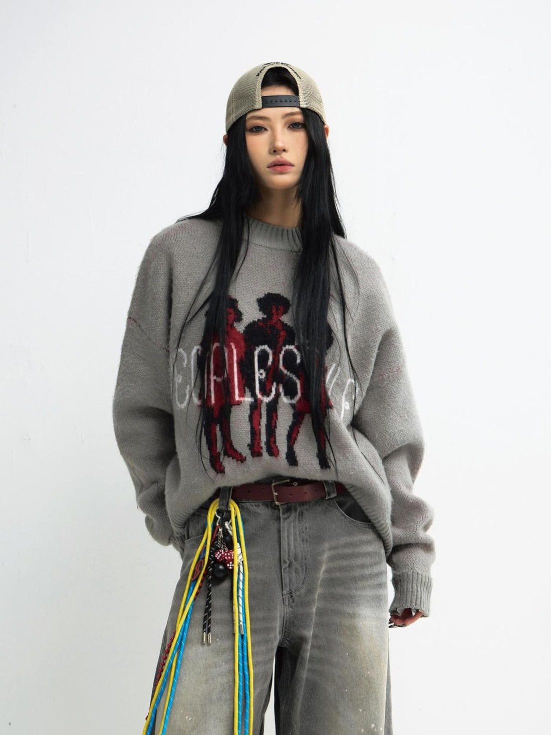Peoplesense Grey Winter Lazy Print Knit Sweater Cozy Casual Pullover