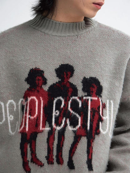 Peoplesense Grey Winter Lazy Print Knit Sweater Cozy Casual Pullover