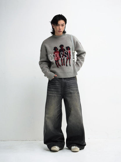 Peoplesense Grey Winter Lazy Print Knit Sweater Cozy Casual Pullover