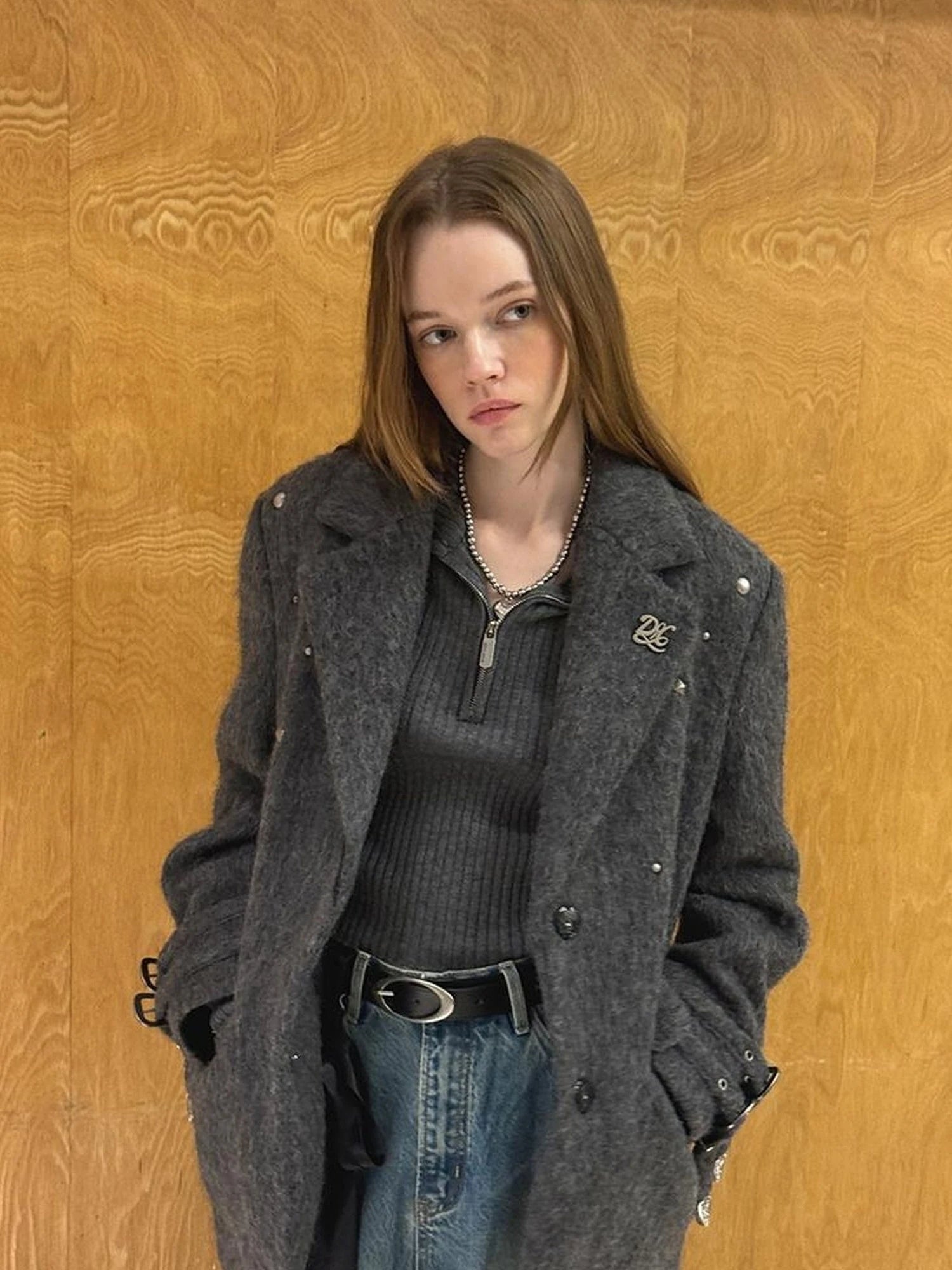 Grey Wool Blazer With Studs Shoulder Pads