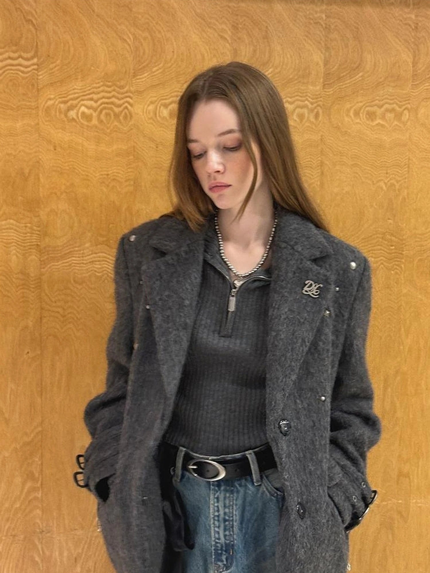 Grey Wool Blazer With Studs Shoulder Pads