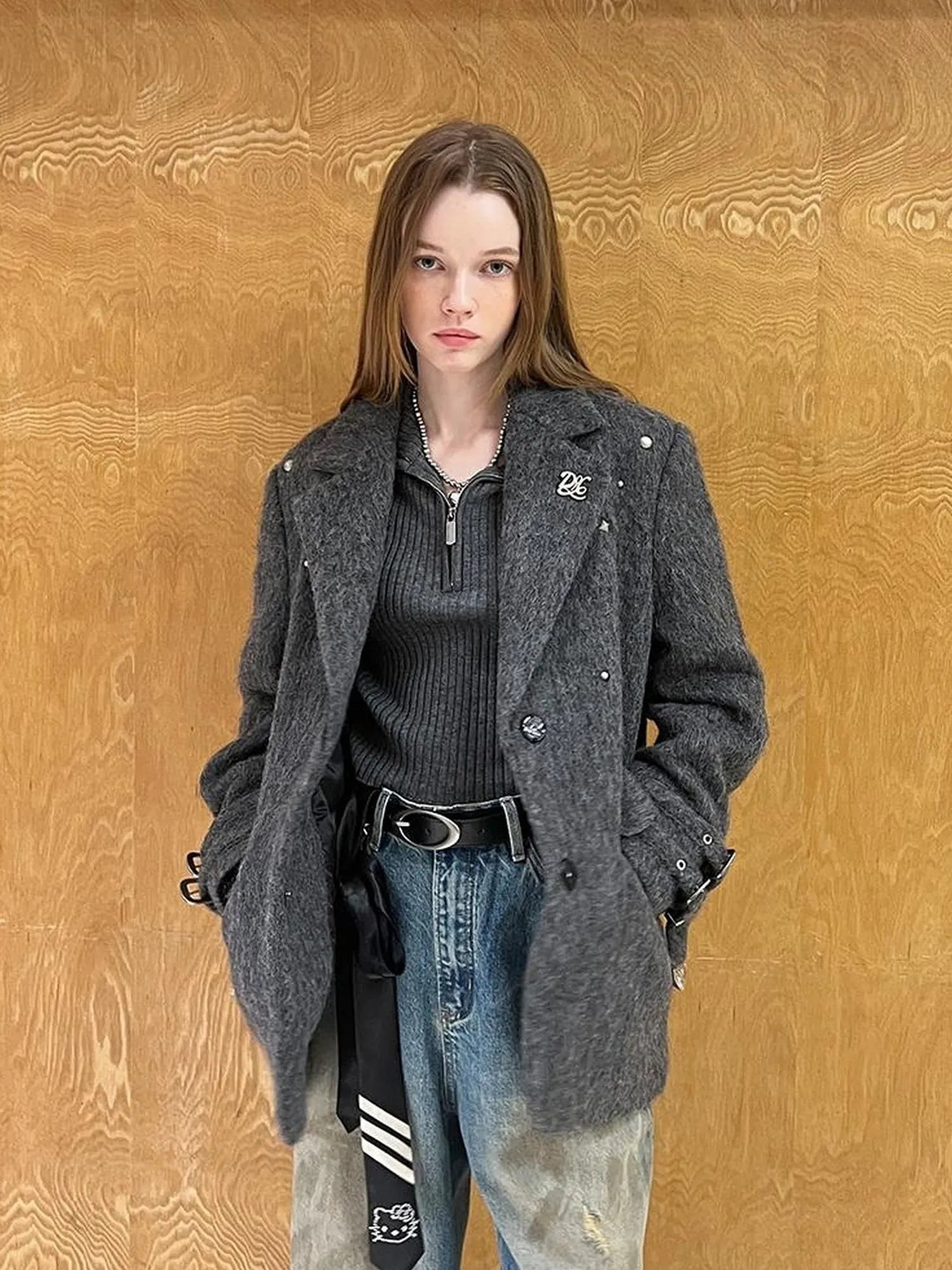 Grey Wool Blazer With Studs Shoulder Pads